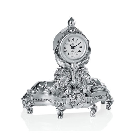 Linea Argenti Silver-coated Desk Clock with Pair of Lions