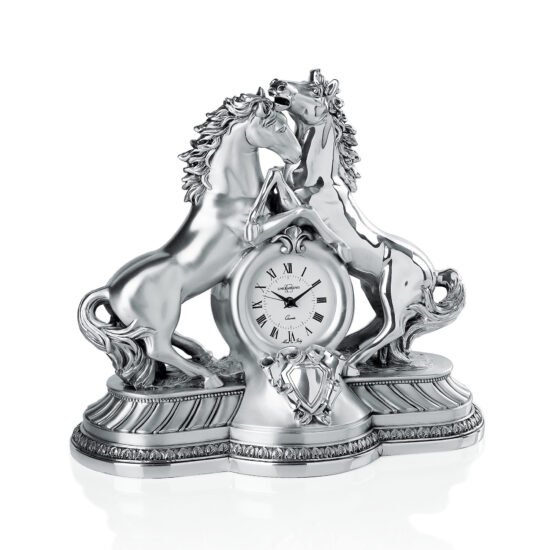 Linea Argenti Silver-coated Desk Clock with Pair of Horses