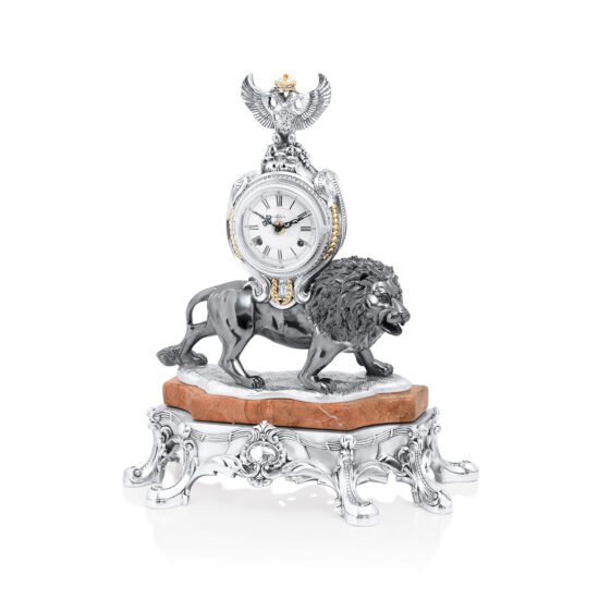 Linea Argenti Silver-coated Desk Clock with Black and Gold Details on Red Marble Base
