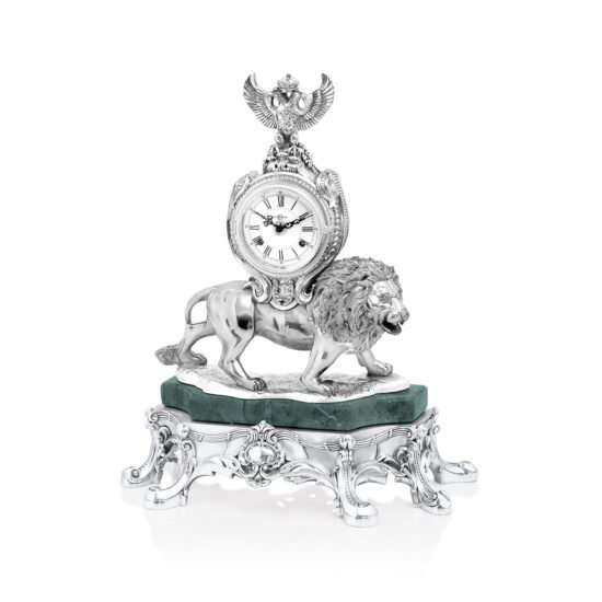Linea Argenti Silver-coated Desk Clock with Black and Gold Details on Green Marble Base